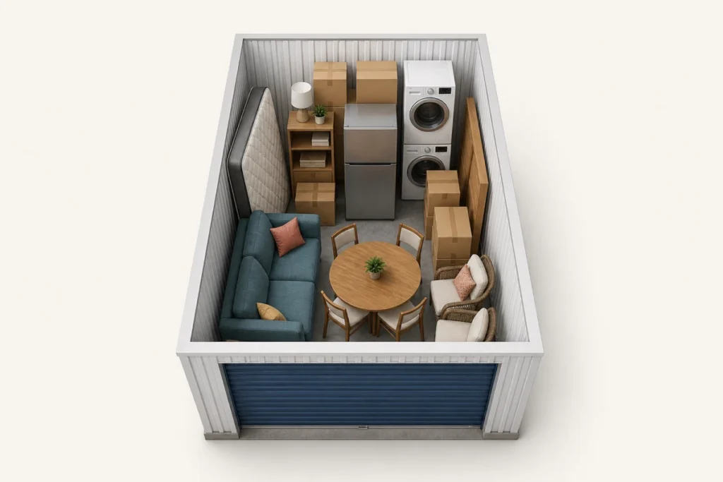 3D overhead view of storage unit filled with household furniture