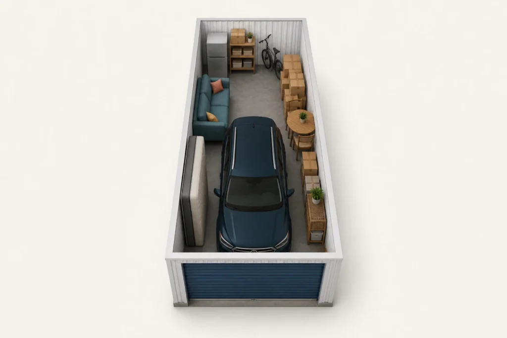 Large storage unit with car, furniture, boxes, and bicycle