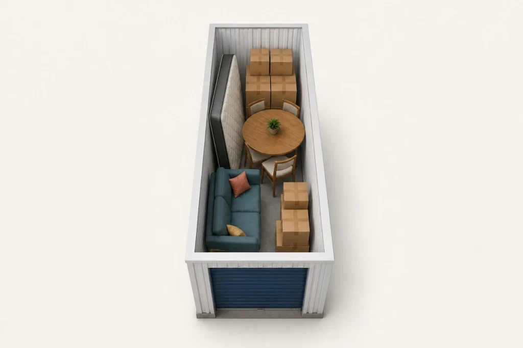 Overhead view of storage unit with furniture and moving boxes