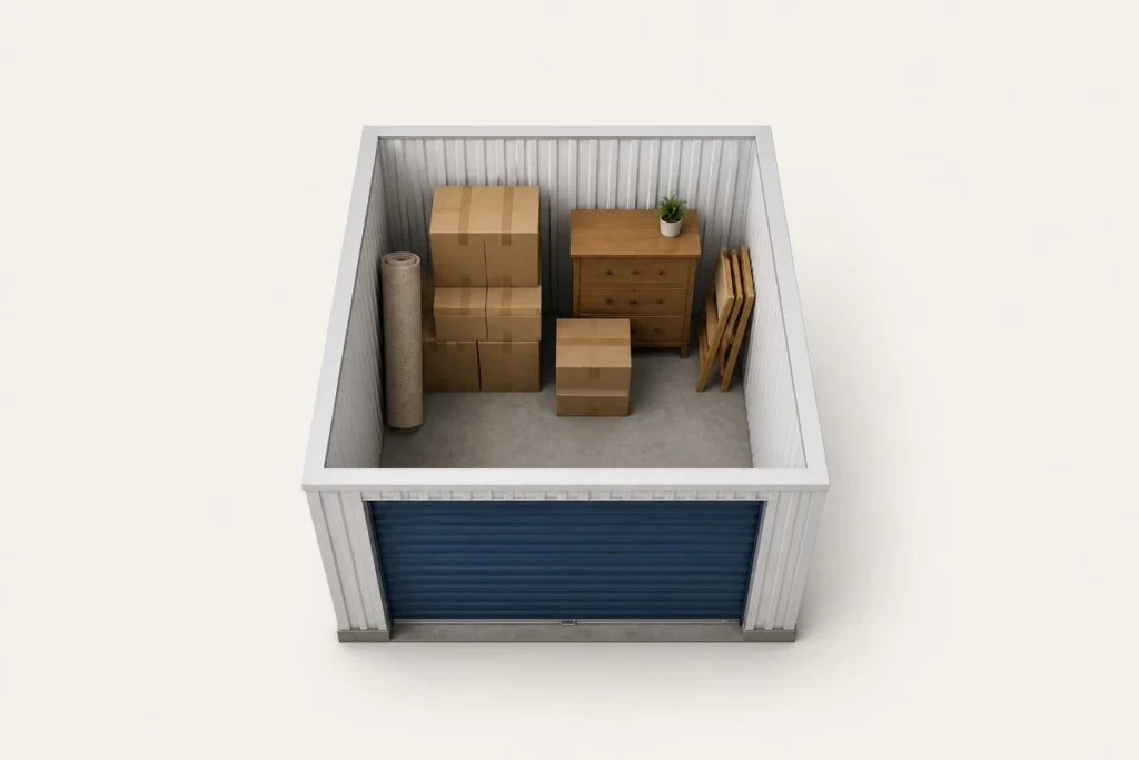 Self-storage unit with boxes, dresser, and rolled carpet